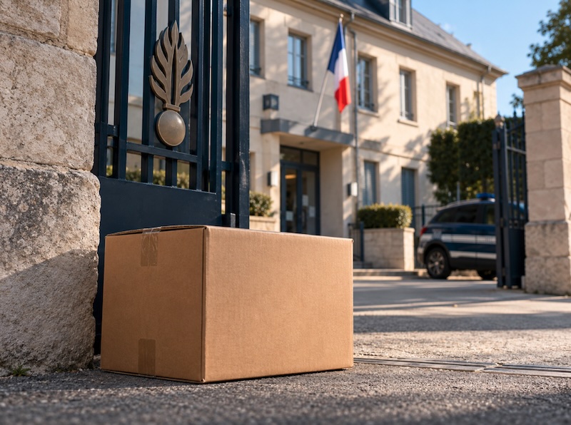 Carton de déménagement devant la grille d'une caserne de gendarmerie, illustrant la mutation d'office d'un militaire
