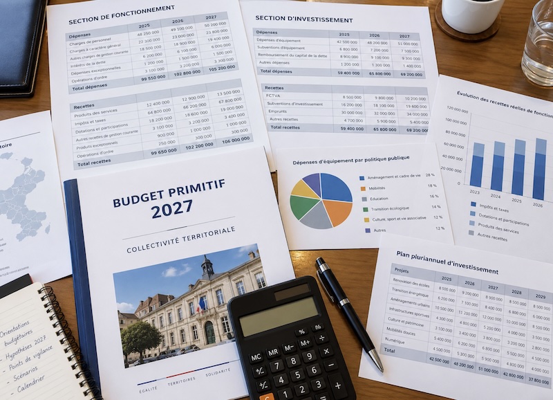Budget primitif 2027&nbsp;d'une collectivité territoriale, tableaux budgétaires et calculatrice sur une table de travail