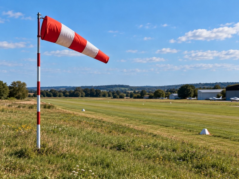 Manche à air au bord de la piste en herbe d'un aérodrome, illustrant la redevance d'atterrissage