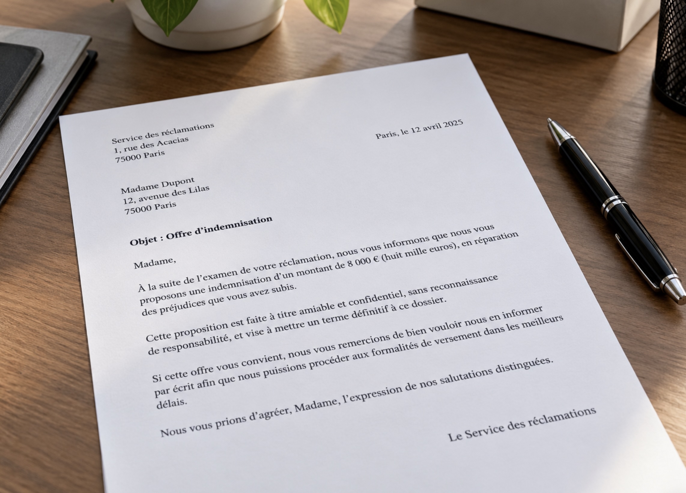 Courrier d'offre d'indemnisation posé sur un bureau, non signé, un stylo à côté