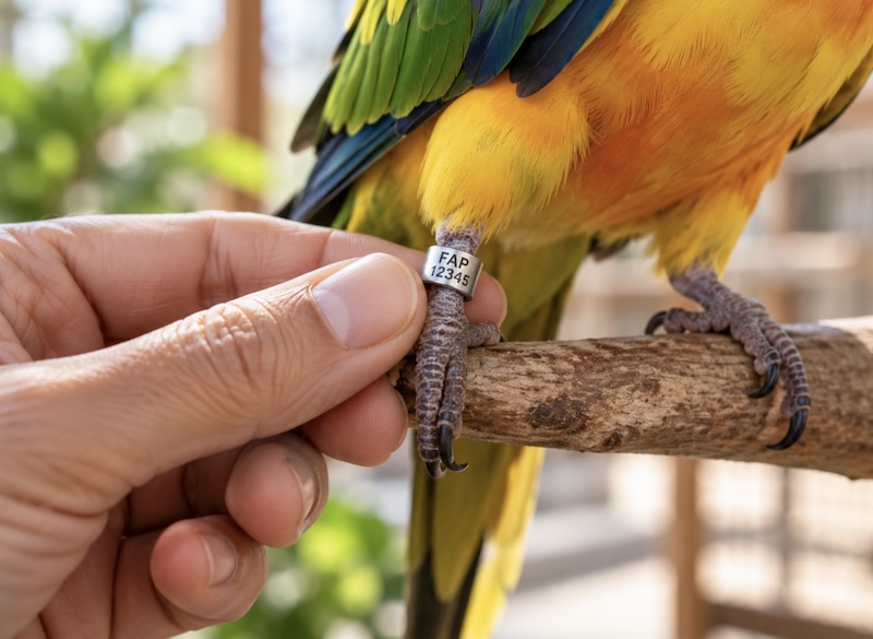Bague fermée à la patte d'une perruche, illustrant l'identification des oiseaux au fichier i-fap