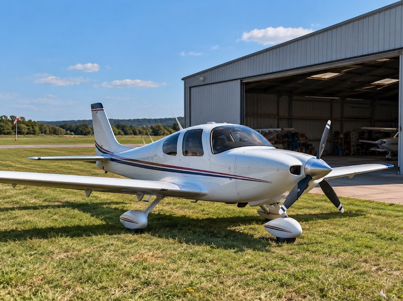 Avion léger devant un hangar sur un aérodrome