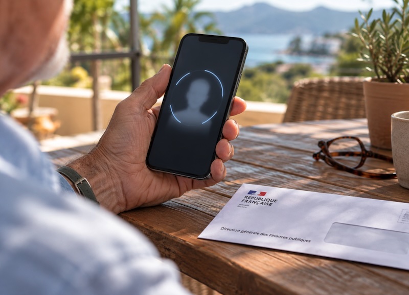 Retraité français à l'étranger utilisant la reconnaissance faciale sur son smartphone pour son certificat de vie