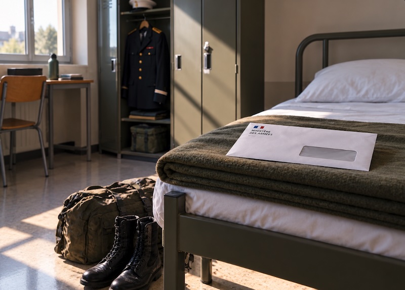 Paquetage et rangers au pied d'un lit de chambrée, à côté d'un courrier de l'administration