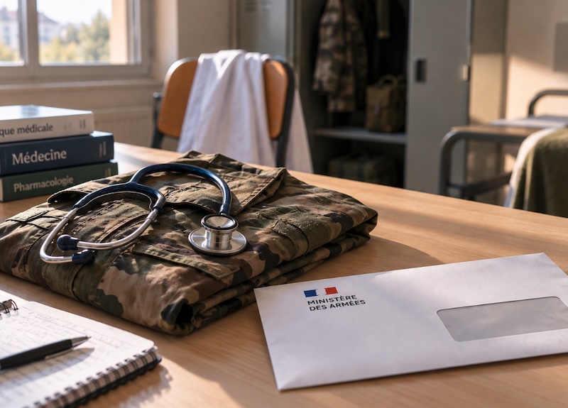 Stéthoscope posé sur une veste de treillis pliée, à côté d'un courrier de l'administration