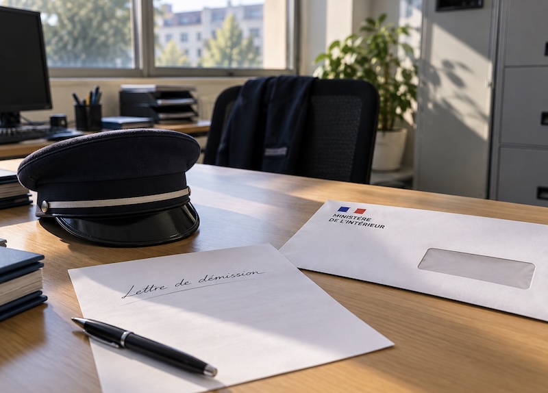 Casquette de policier posée sur un bureau, à côté d'une lettre et d'un courrier de l'administration
